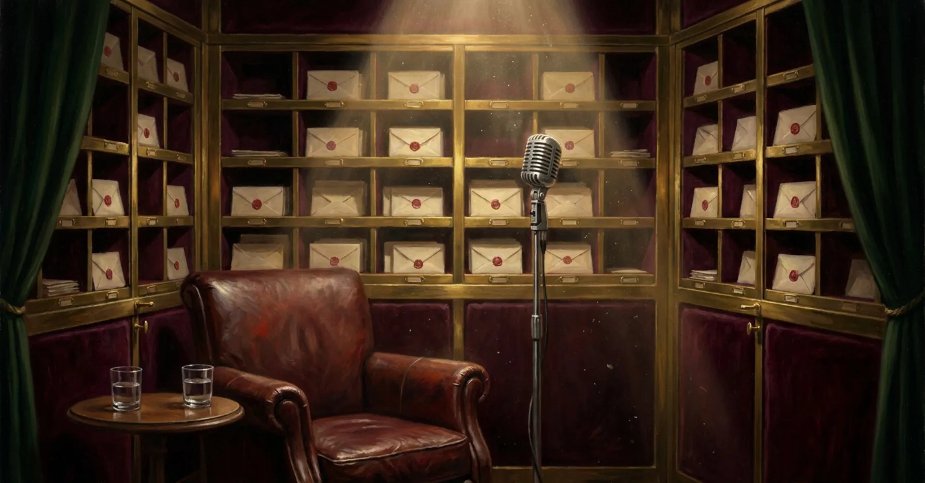 A velvet-lined vault room with brass pigeonholes full of envelopes sealed with red wax, a vintage microphone under a spotlight and a worn leather armchair beside a table with two glasses of water.